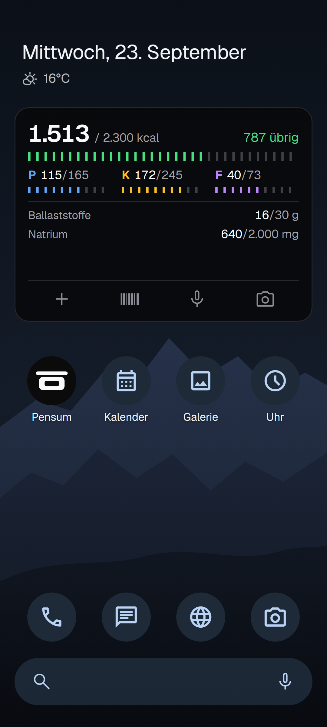 Android-Startbildschirm mit dem hohen Pensum-Widget: 1.513 von 2.300 kcal, Skalen für Protein, Kohlenhydrate und Fett, Ballaststoffe und Natrium sowie Knöpfe zum Hinzufügen, Scannen, Diktieren und Fotografieren