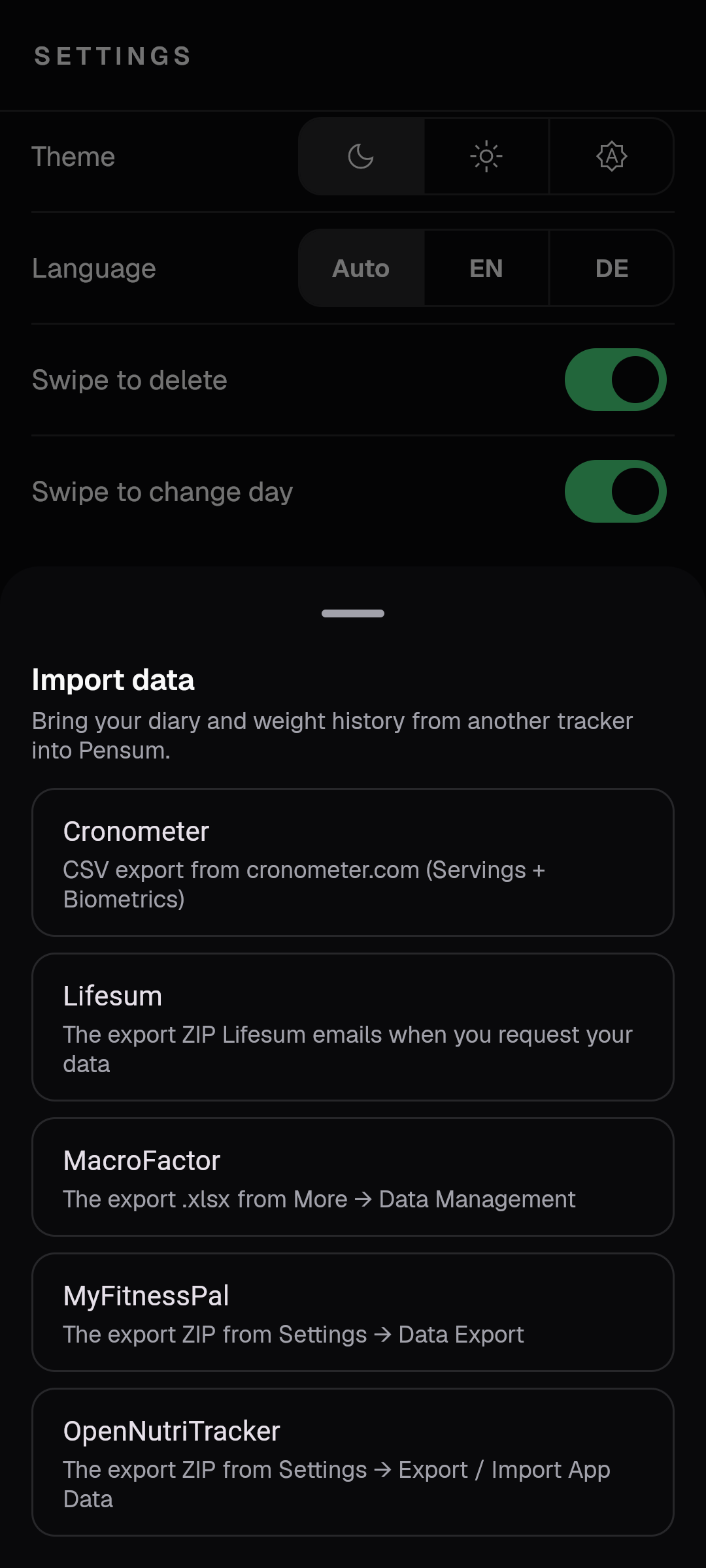 Import data sheet listing Cronometer, Lifesum, MacroFactor, MyFitnessPal and OpenNutriTracker, each with where to find its export