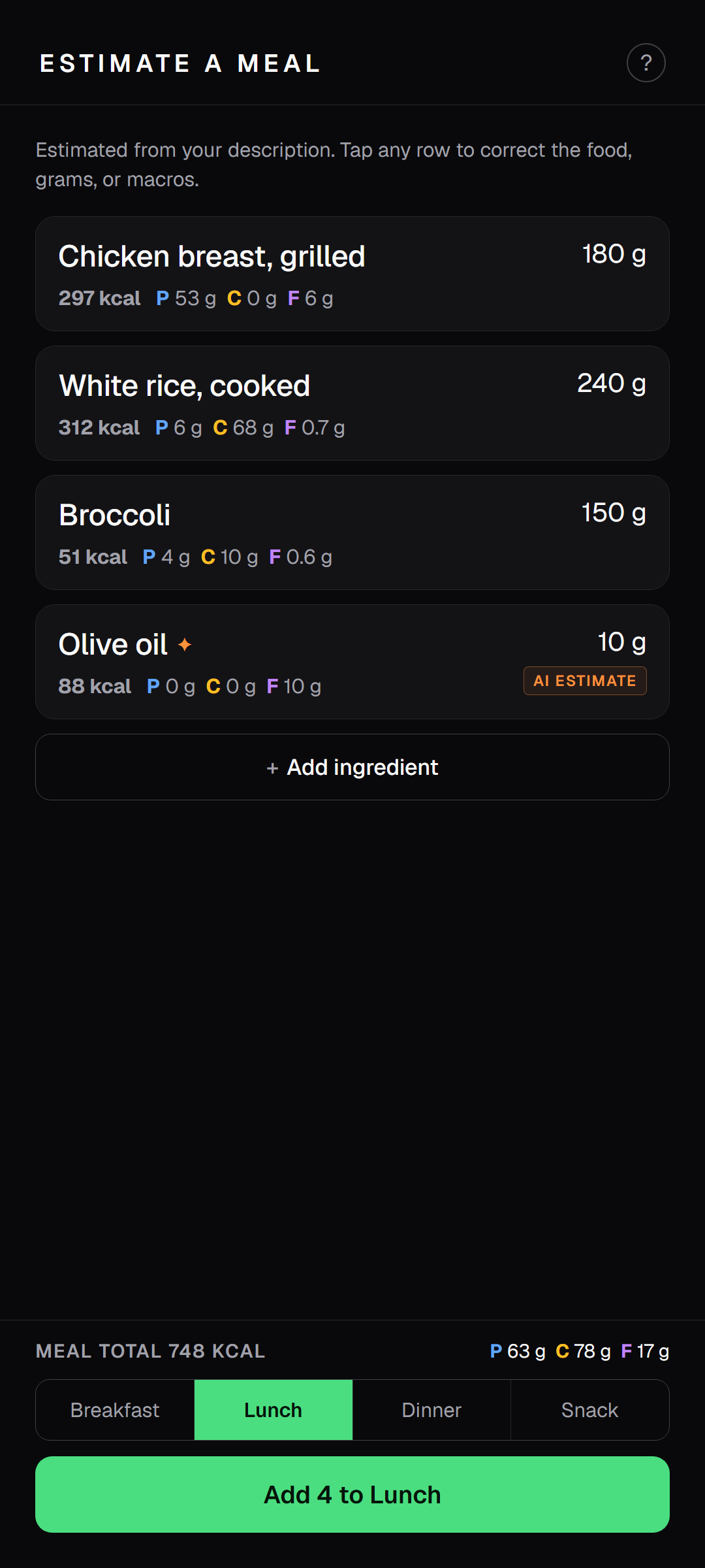 Photo log with an editable ingredient breakdown and inferred cooking oil