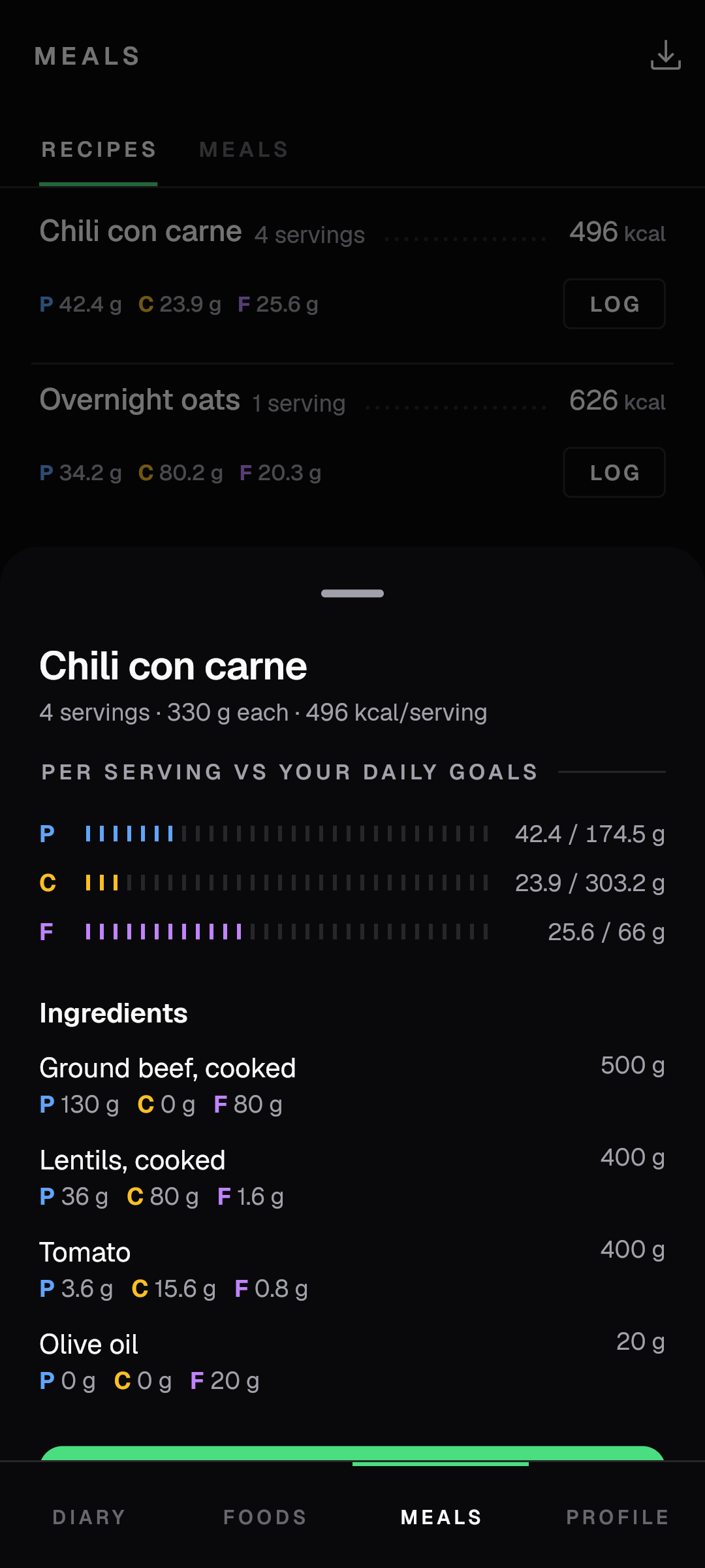 A saved recipe for chili con carne with per-serving macros and ingredients
