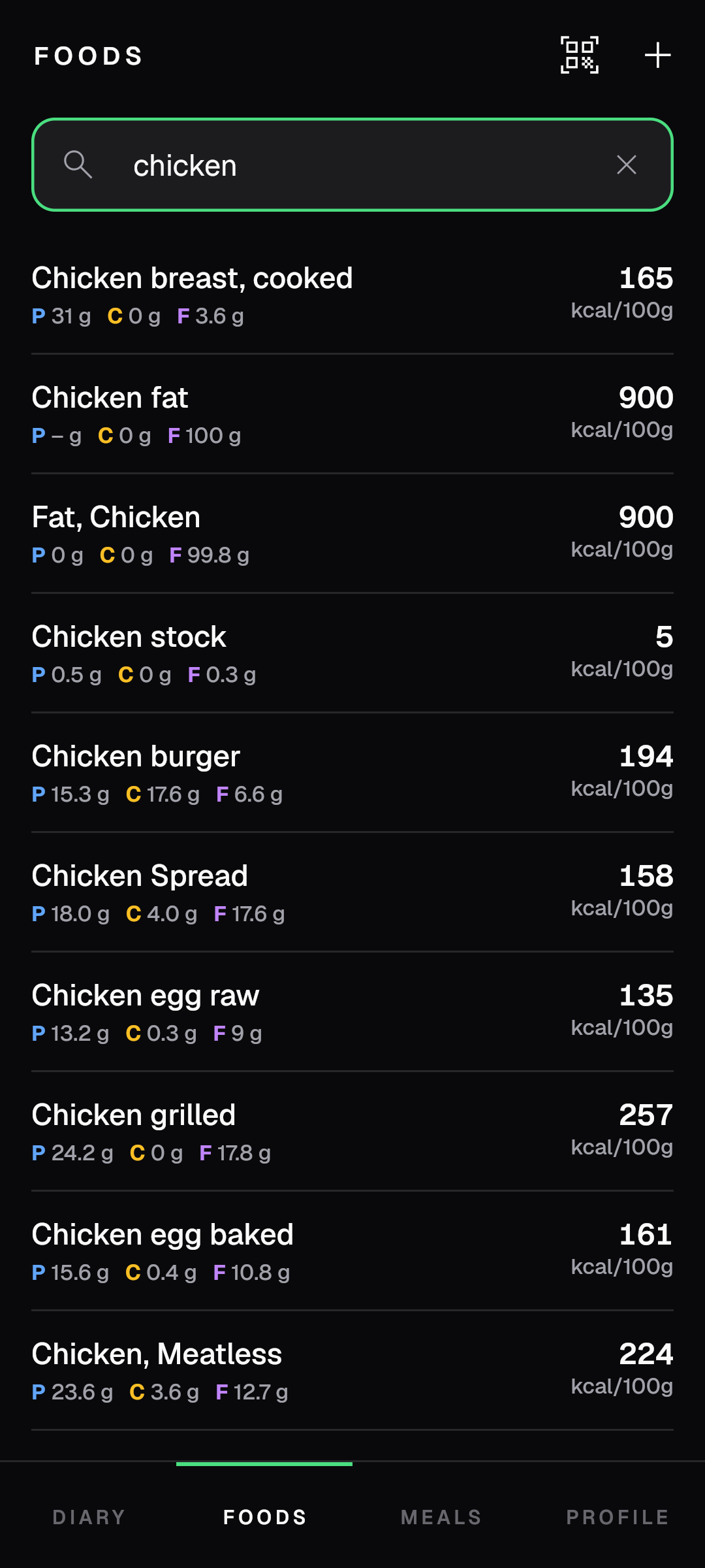 Search results for chicken, generic foods ranked first with calories per 100 g